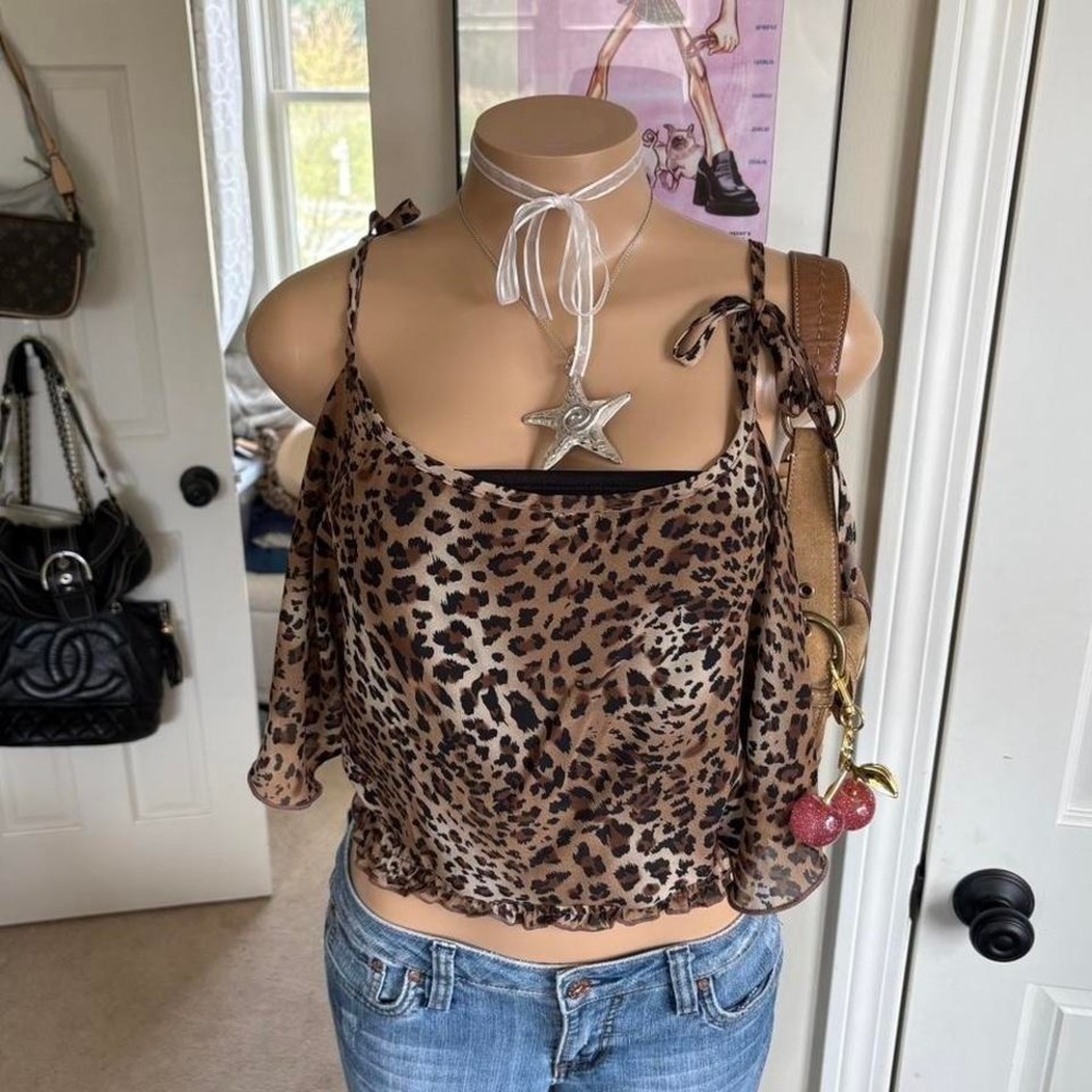 y2k 2000s sheer leopard tie strap layered top